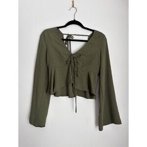 Olive Green Swiss Dot Tie Front Long Sleeve Crop Top Peplum Bell Sleeve Boho